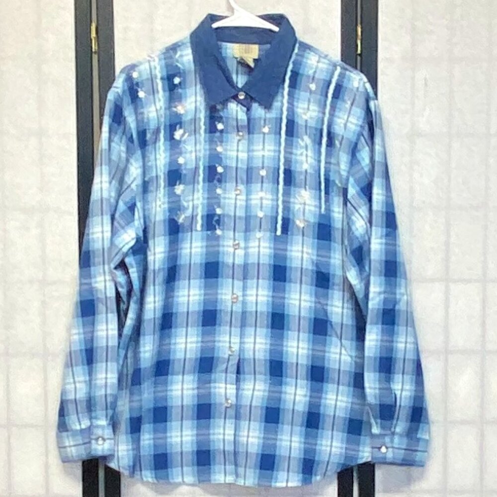 Teddi Blue Plaid Embroidered Button Up Shirt XL Long Sleeve Western Cottagecore